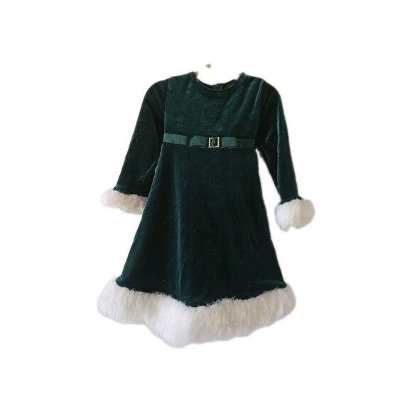 Bonnie Baby Green Velour Christmas Dress With White Faux Fur Size 24 Months - Picture 1 of 10